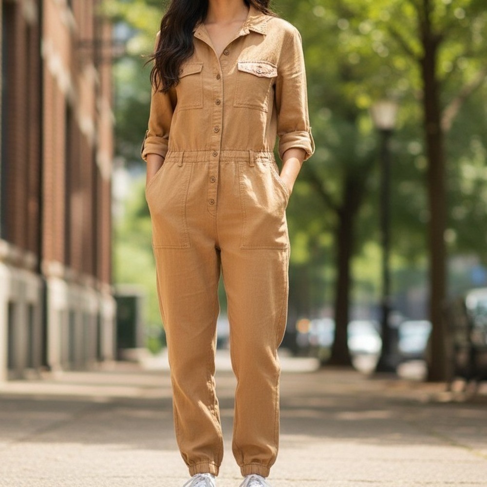 LOFT Linen Blend Utility Jumpsuit Tan Jogger One Piece Small